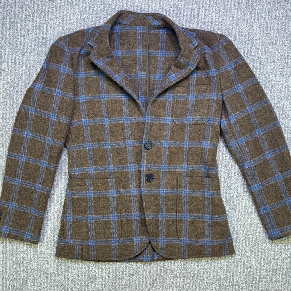 Brooklyn Tailors‎ Ormezzano Wool Blazer Brown Blue Windowpane Mens 38R Jacket